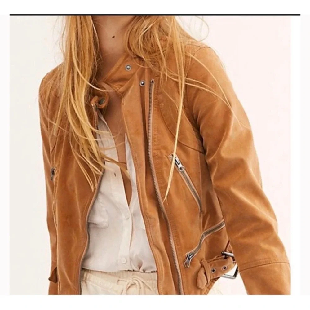 064 Free People We The Free Faux Leather Moto Jacket Camel Brown Quilted Zip Sm